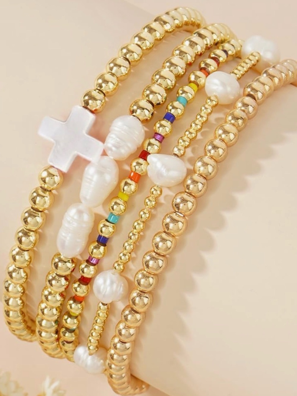 Gold Pearl Stackable Beaded Bracelet Set with White Cross Accent - Picture 5 of 14